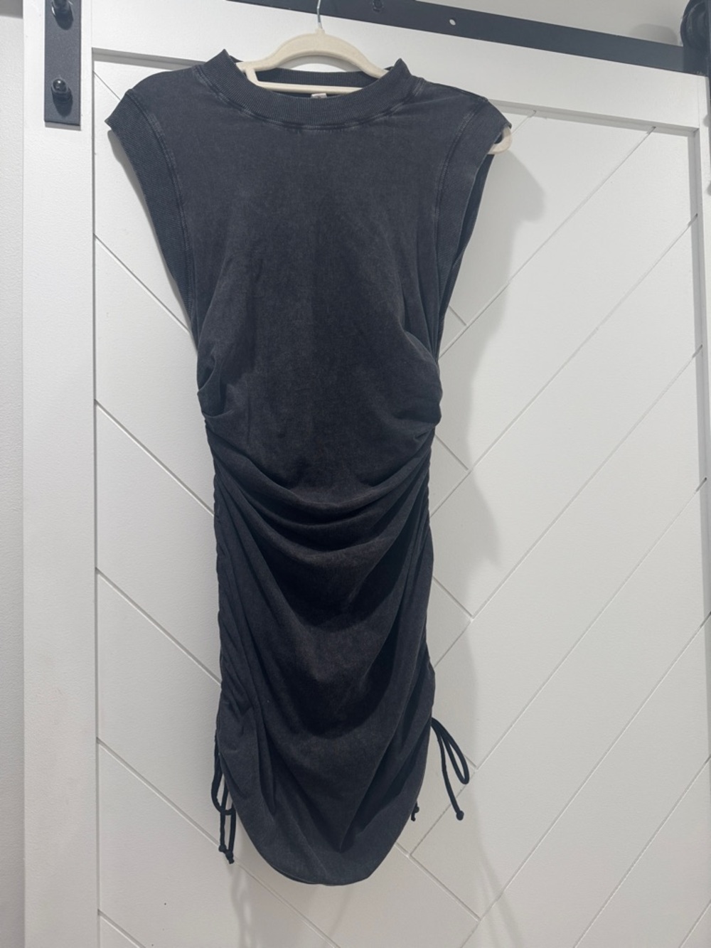 Black Ruched Mini Dress - Sleeveless Drawstring